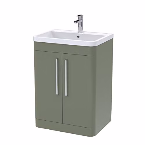 nuie Parade Modern 2 Door Bathroom Floor Standing Vanity Cabinet with Polymarble Basin, Satin Green, W/D/H: 59.6 x 44.5 x 80.0 cm