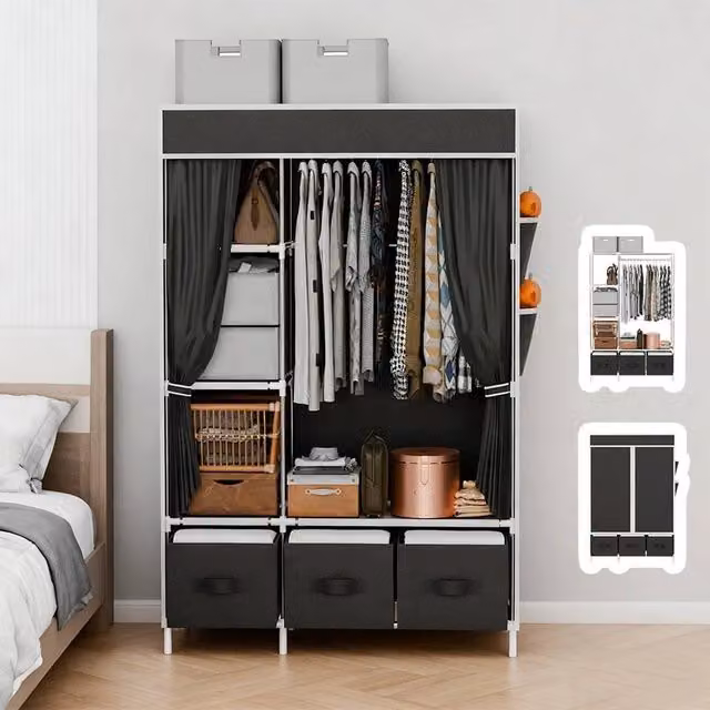 PAWNORA Black Fabric Canvas Wardrobe with Integrated Drawer, W/D/H: 105 x 45 x 163 cm – 1