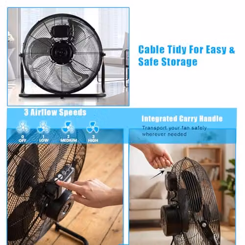 PureMate Chrome Gym Floor Fan in Black and Silver with 3 Speeds and Adjustable Head – 5