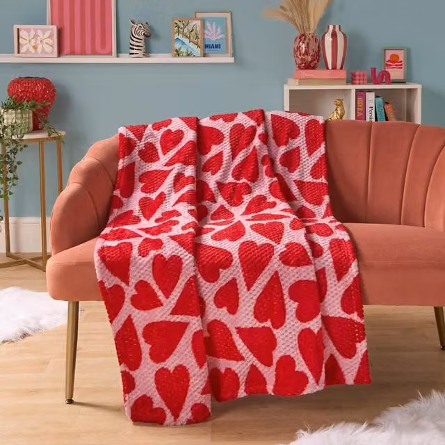 OHS Pink Heart Print Waffle Fleece Throw