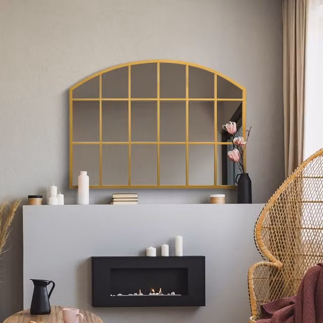 MirrorOutlet Arcus Overmantle Window Framed Arched Wall Mirror in Gold, Width: 65 cm