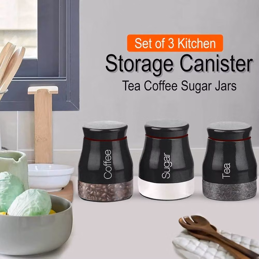 Pawnora Set of 3 Black Glass Kitchen Storage Canisters with Screw Lids – 3
