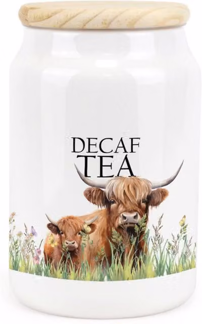 Purely Home Highland Cow and Calf Ceramic Decaf Tea Storage Canister in Brown and White with Floral Detail