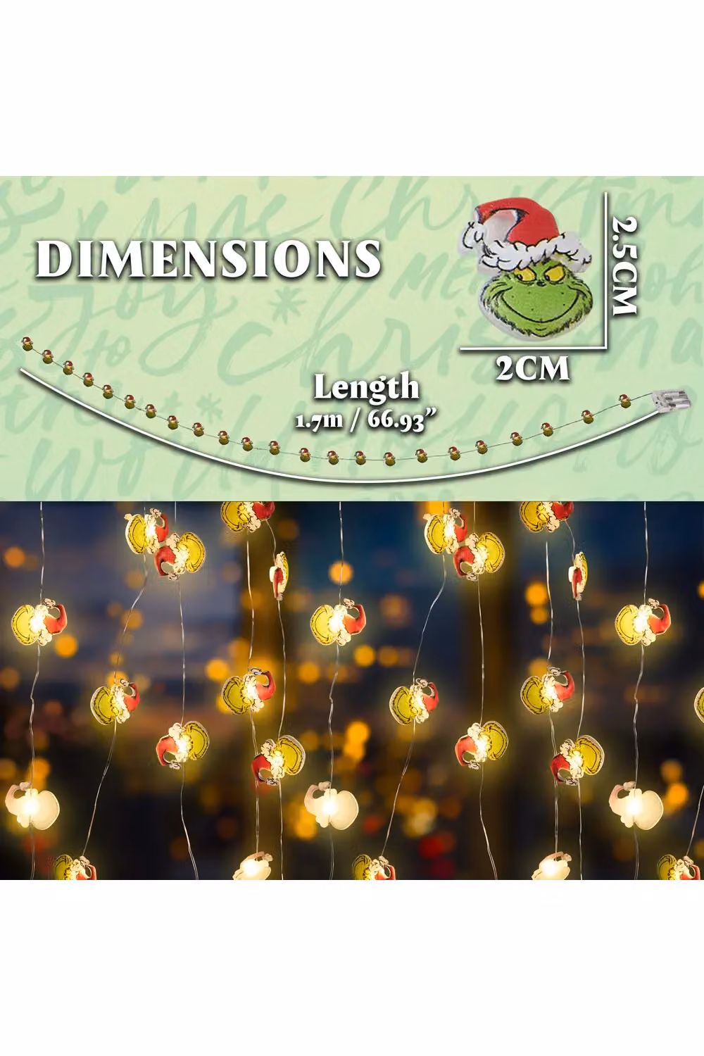 United Essentials The Grinch LED Christmas String Lights, Battery Operated, Green and Multicolour, 170 cm – 7