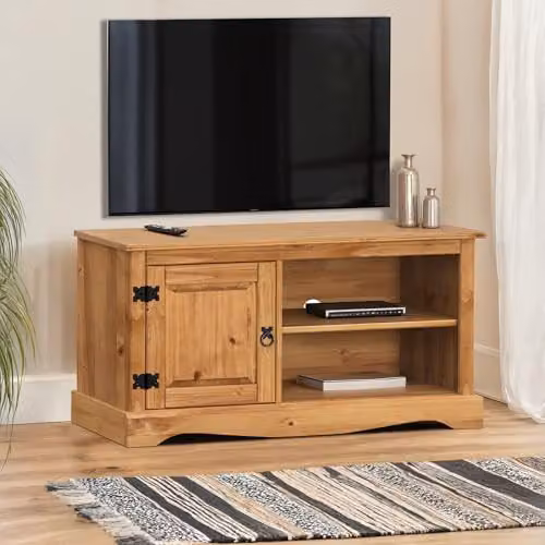 Mercers Furniture Corona 1 Door TV Media Unit in Rustic Brown and Black Waxed Pine, W/D/H: 100 x 37 x 52 cm