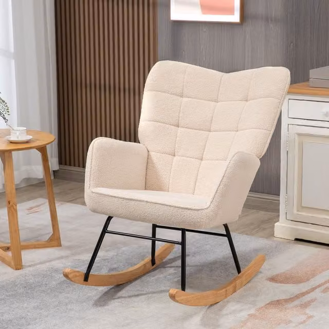 HOMCOM Oversized Wingback Rocking Chair in Beige Bouclé Fabric with Mixed Metal and Wood Frame – 1