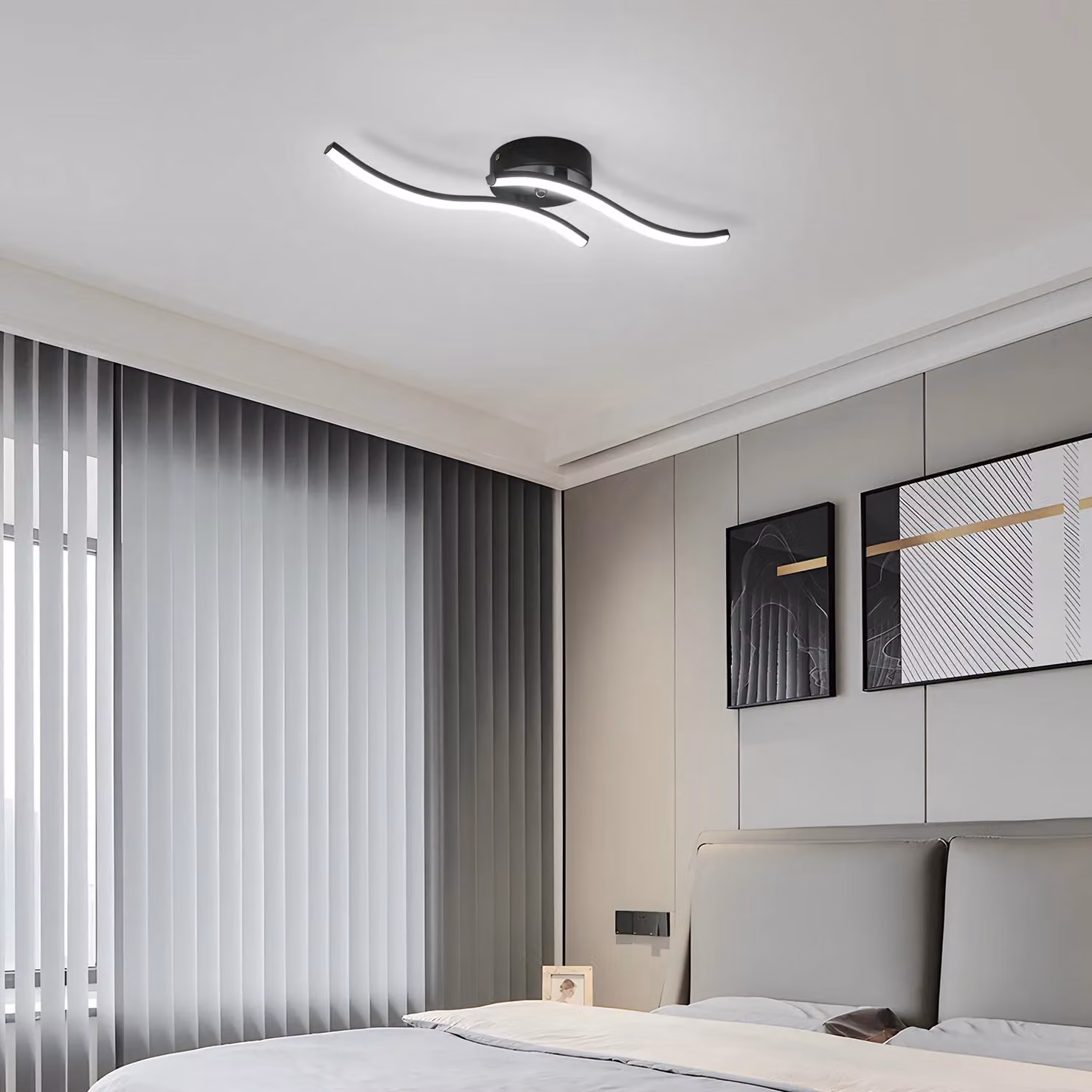 Pheashine Modern Black 2-Bar Wave LED Flush Mount Ceiling Light, 12W, 6500K Cool White, W: 52 cm – 3