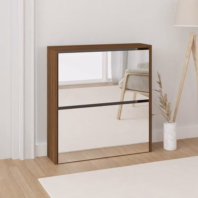 Berkfield Home Modern Wall Mounted Shoe Cabinet with Mirror in Brown Oak, W/D/H: 63 x 17 x 67 cm – 1