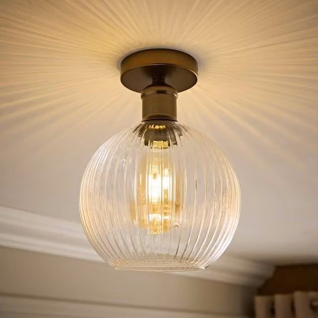 Maddison Clear Ribbed Glass Globe Flush Ceiling Light in Gold/Brass, Diameter: 20 cm