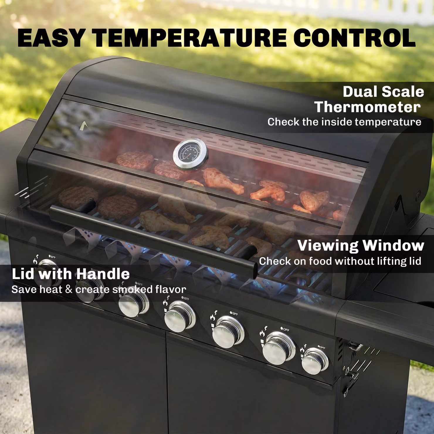 Outsunny 6+1 Burner Gas BBQ Grill Trolley with Side Burner, Warming Rack and Thermometer, Black – 6