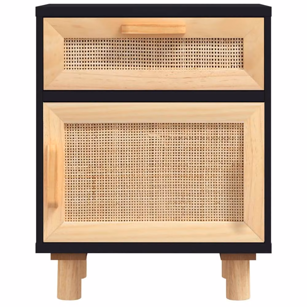 Berkfield Home Set of 2 Black Solid Wood Pine and Natural Rattan Bedside Cabinets – 5