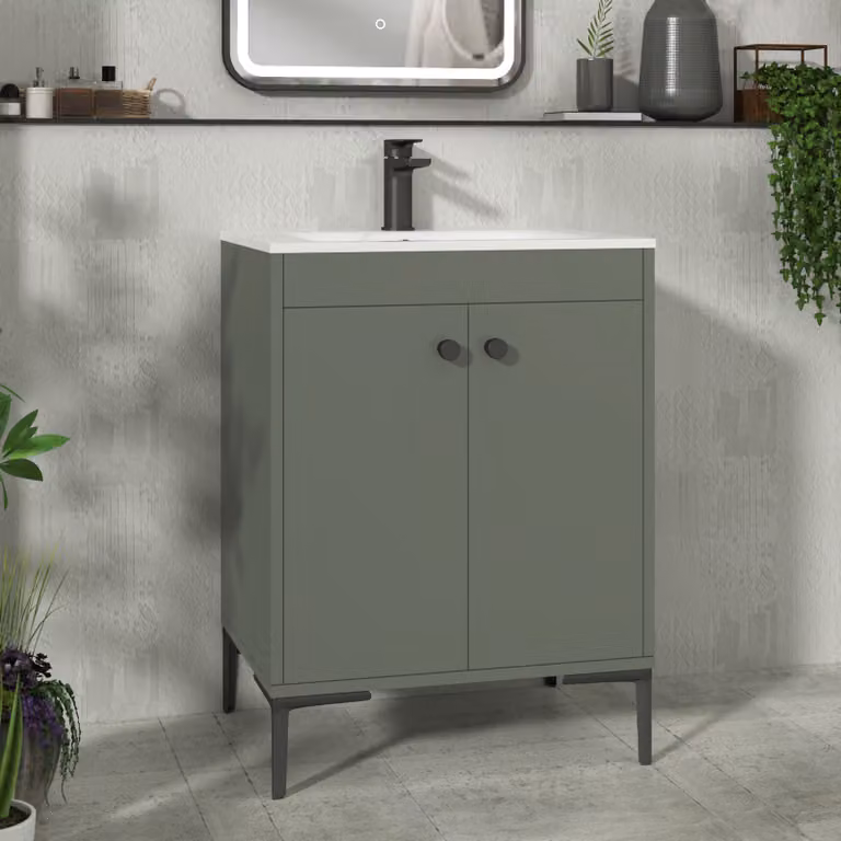 Royal Bathrooms Verona 600mm Matt Green Floor Standing 2 Door Vanity Unit with Carrara White Basin and Matt Black Knob