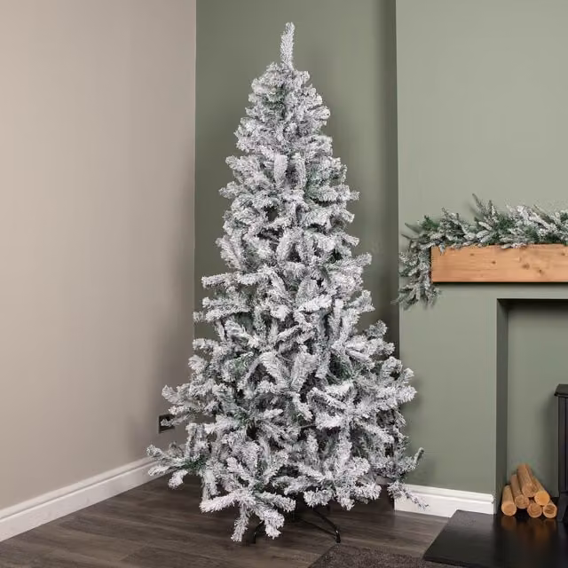 Samuel ALEXANDER Snow Flocked Artificial Christmas Tree in Green and White with Metal Stand