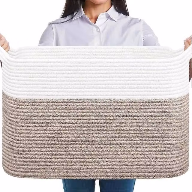 Nordara Woven Cotton Rope Laundry Basket Storage Bin with Handles, White and Brown, W: 38.0 cm, D: 30.0 cm, H: 55.0 cm