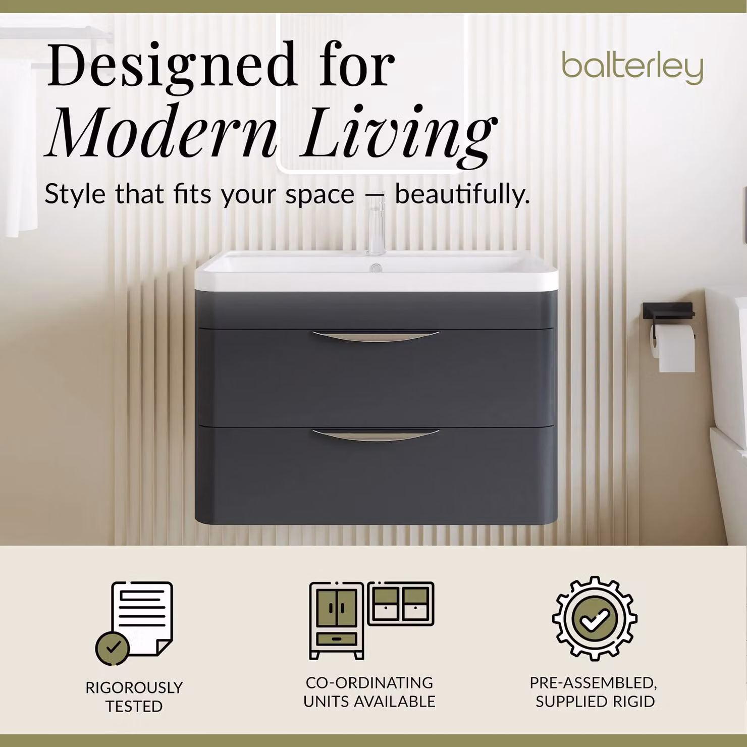 Balterley Wall Hung 2 Drawer Bathroom Vanity Unit and Basin, Dark Grey, W: 75.5 cm, D: 54.0 cm – 2