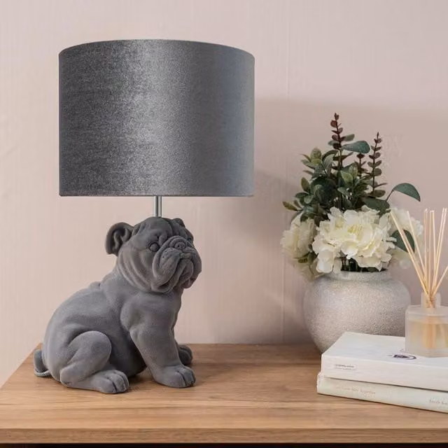 ValueLights Billy Grey Velvet Bulldog Table Lamp – 1