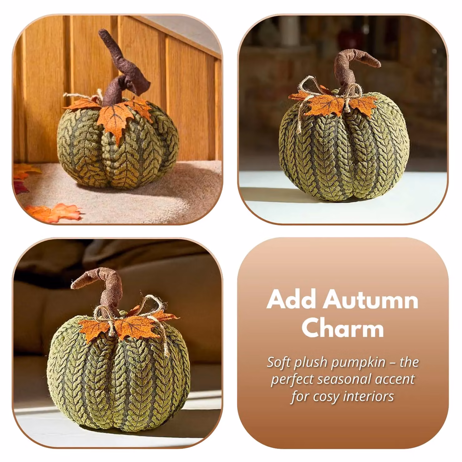 Marco Paul Green Plush Pumpkin Autumn and Halloween Tabletop Decoration, Height: 16 cm – 6
