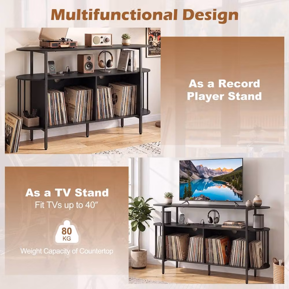 Gymax 3-Tier Black Metal Record Player Stand and Vinyl Cabinet with Integrated Lighting and Media Compartments – 6