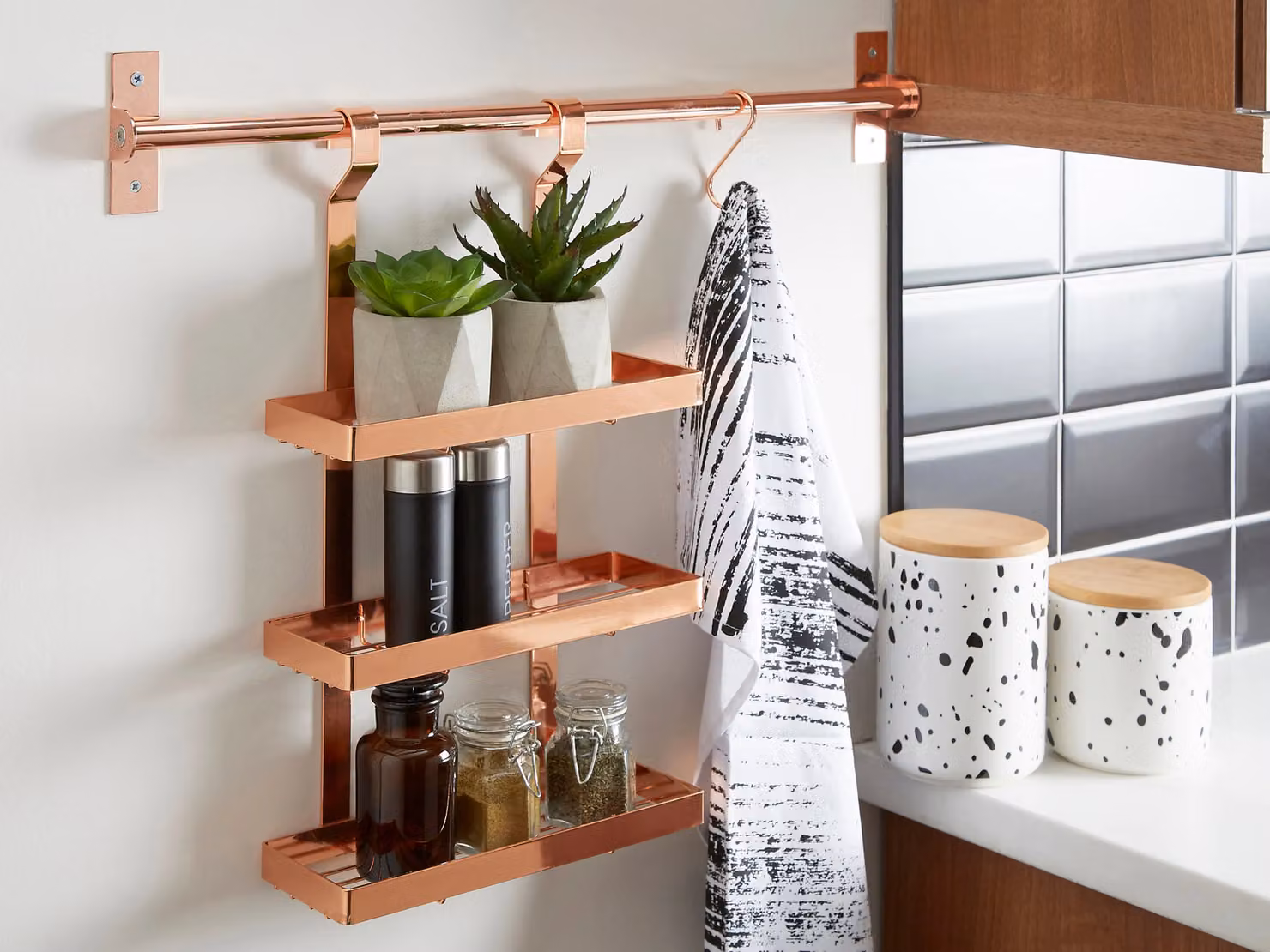 Orsina Sorello Rose Gold Three Level Metal Hanging Rack with Shelf – 2