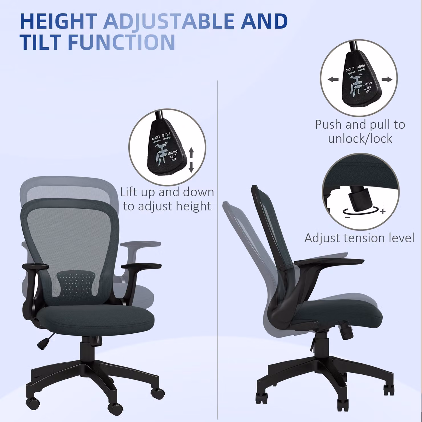 Vinsetto Ergonomic Office Chair in Grey Fabric with Armrests and Castors – 4