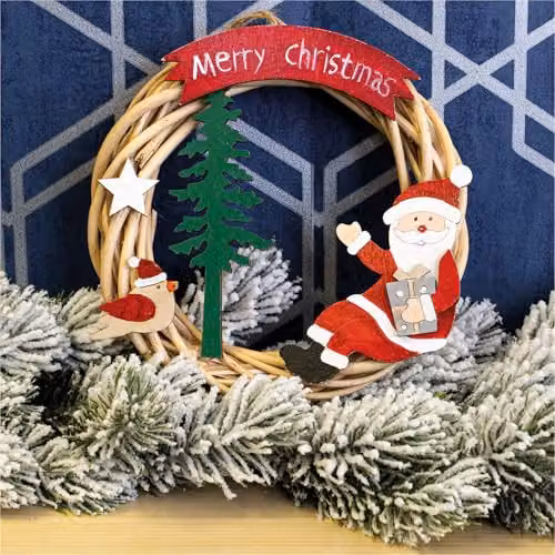 Netagon Battery Powered Red Wicker Christmas Wreath with Star Decorations, Diameter: 30 cm – 5