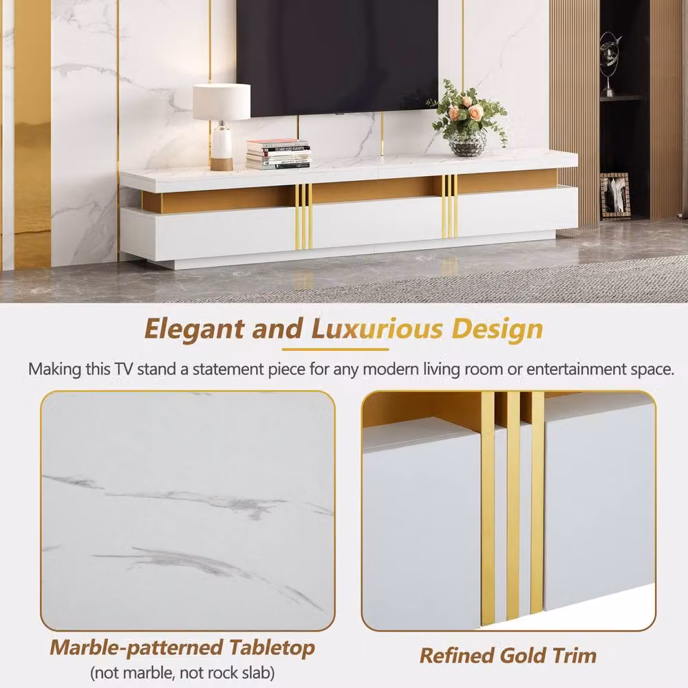 STILVORA TV Stand with Faux Marble Top and 3 Drawers in White – 4