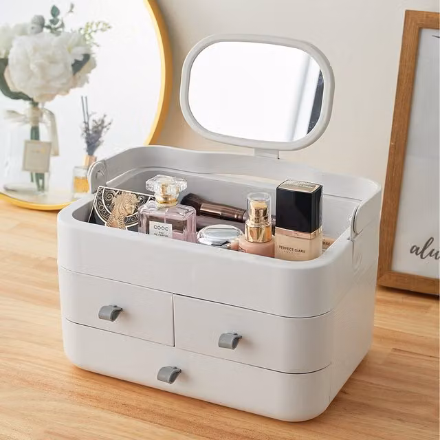 Livingandhome Large Makeup Organizer with Mirror and Drawers in White