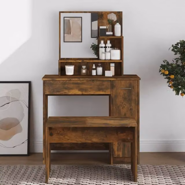 Berkfield Home Dressing Table with Mirror in Smoked Oak Brown, W: 86.5 cm, D: 35 cm, H: 136 cm