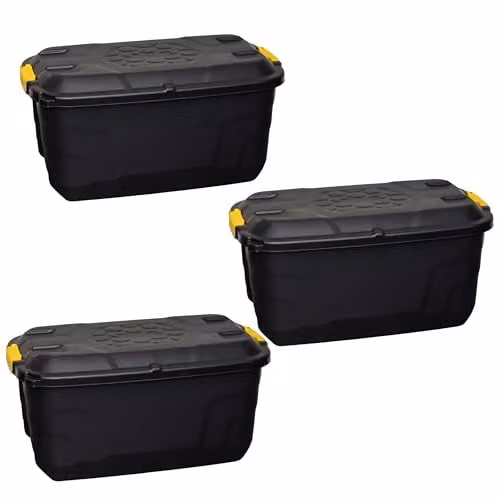 Samuel ALEXANDER Set of 3 Heavy Duty Plastic Storage Boxes with Lockable Lids and Wheels, Black, 75L each – 1