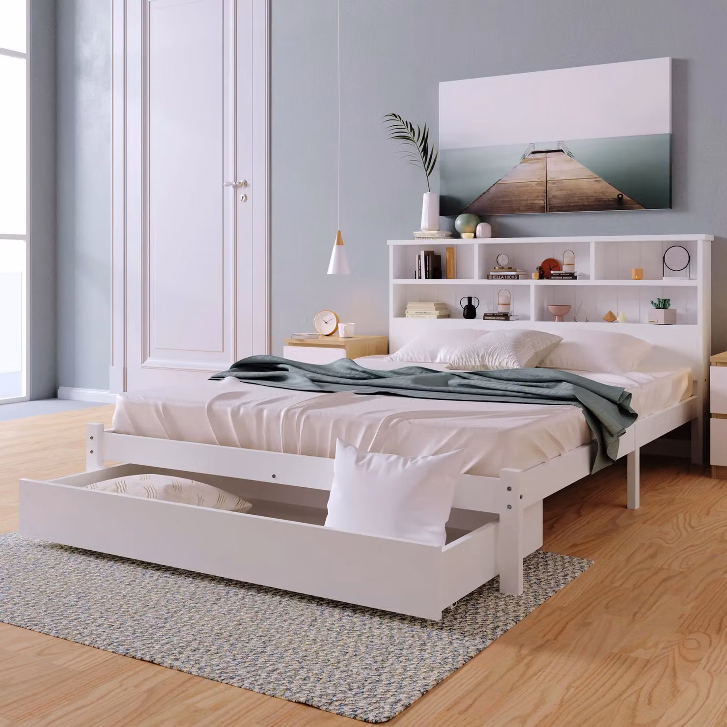 Matteo White Engineered Wood Storage Bed with Bedside Shelves and Drawers, W/D/H: 140 x 200 x 135 cm – 4