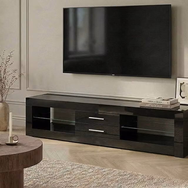 Wyld and Coco Zenith TV Stand in Black Wood with Glass Shelves and Cable Management, W: 150.0 cm, H: 40.0 cm – 1