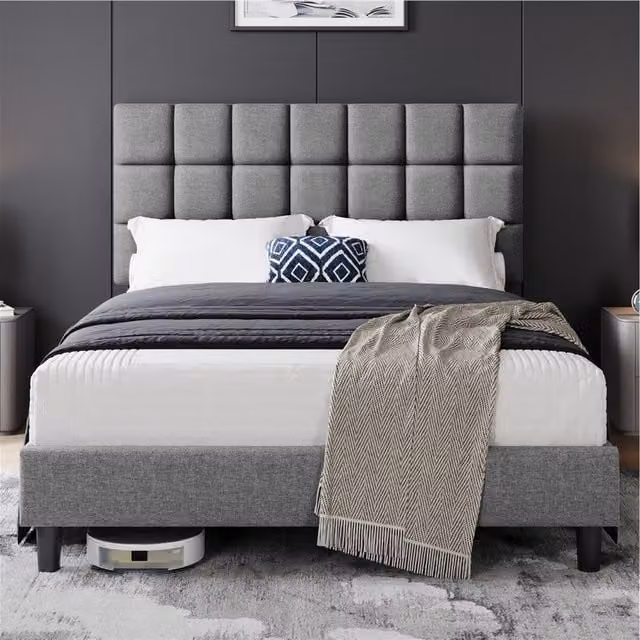 Yaheetech Modern Upholstered Bed Frame with Square Tufted Headboard in Grey, W/D/H: 180 x 200 cm