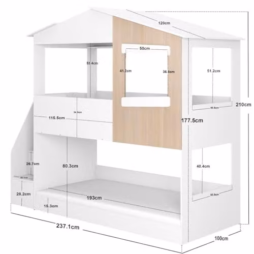 Flair Dreamland House Single Bunk Bed with Stairs and Side Compartments in White and Oak – 2