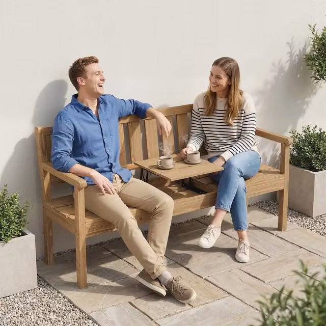 Outsunny Teak Wooden Garden Loveseat Bench with Hidden Shelf and Table in Brown