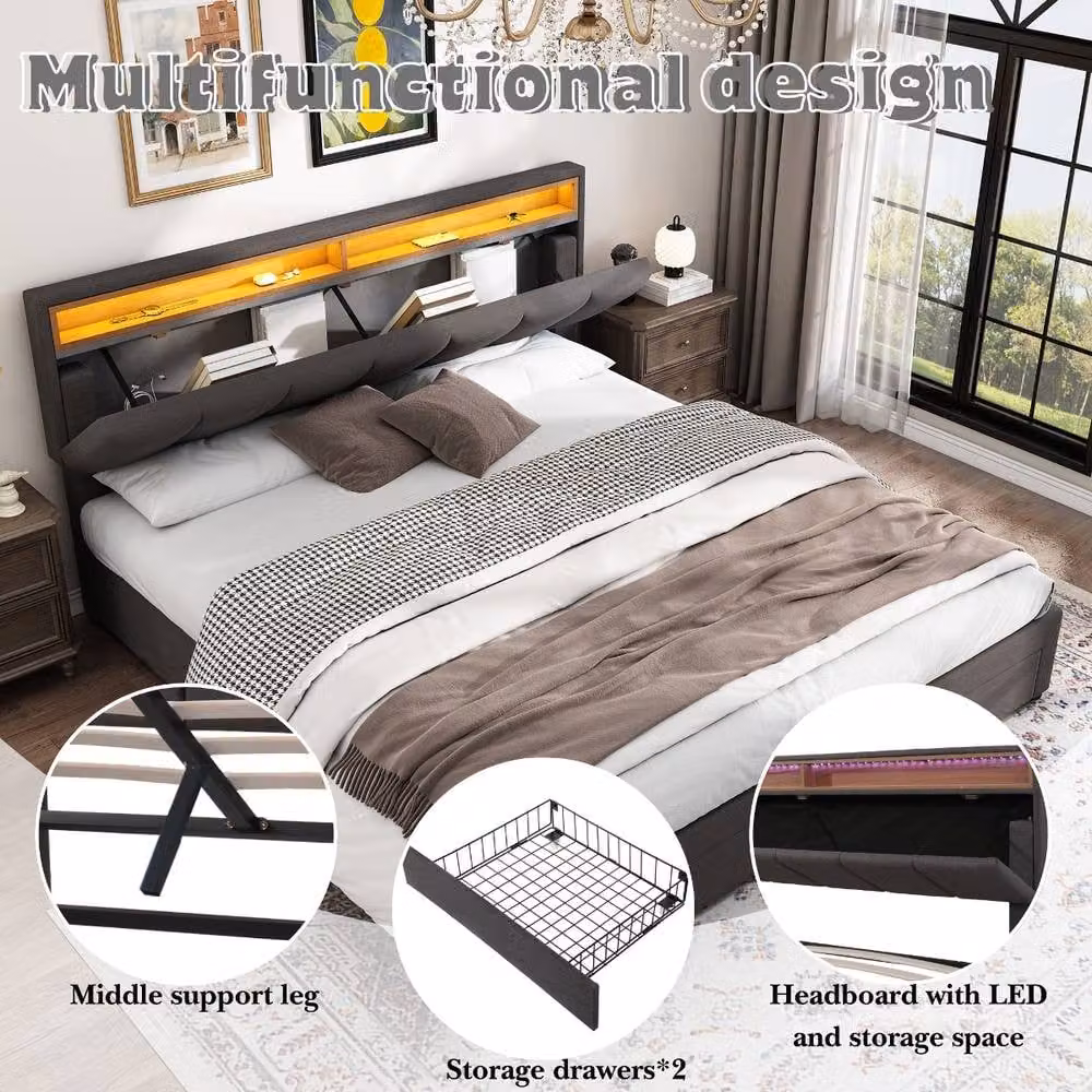 Rolipo Grey Linen Super King Upholstered LED Storage Bed W: 180 cm, D: 200 cm – 5