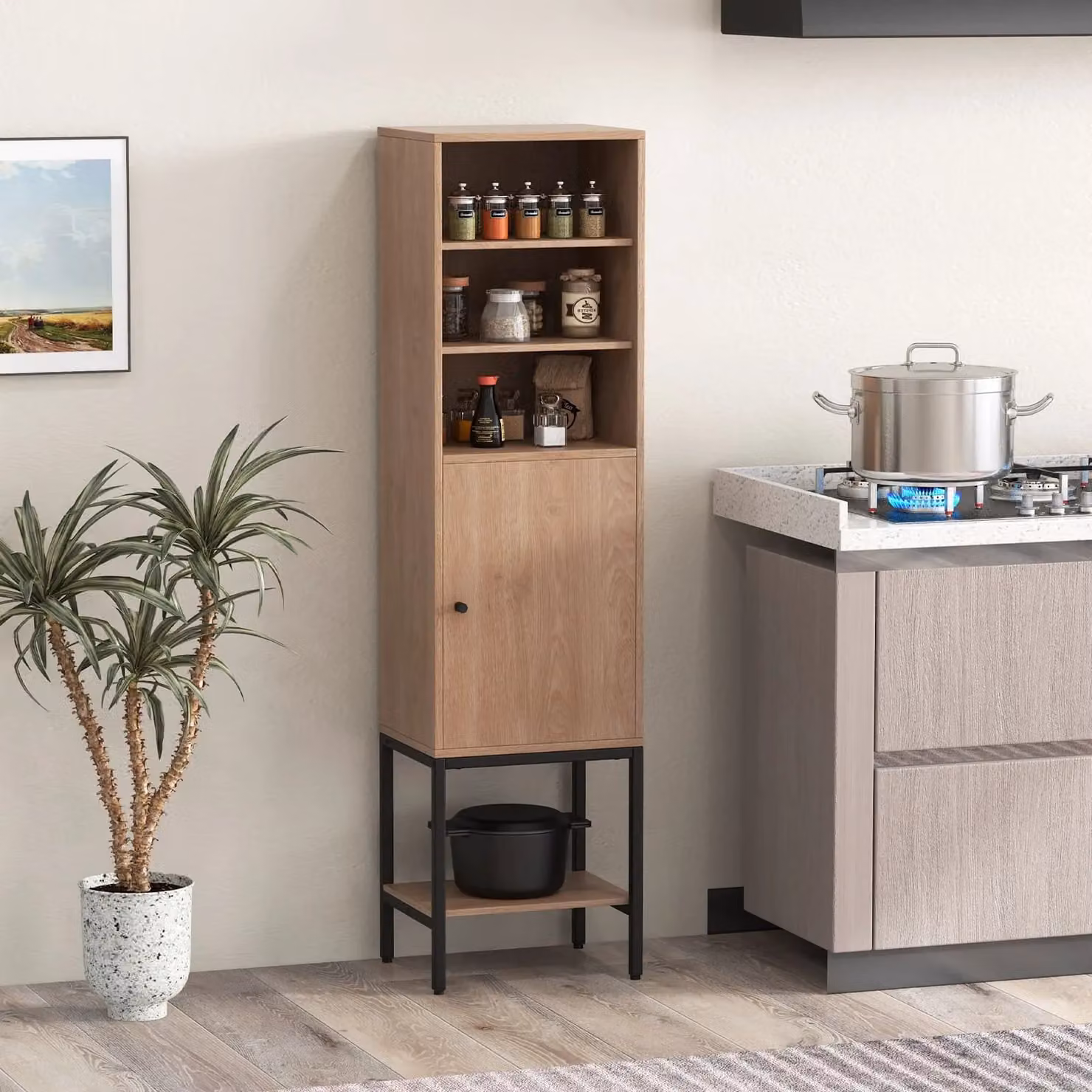 Gymax Tall Freestanding Storage Cabinet in Beige and Brown with Hinged Doors and Internal Shelves, W: 30.0 cm, D: 38.0 cm, H: 146.0 cm – 3