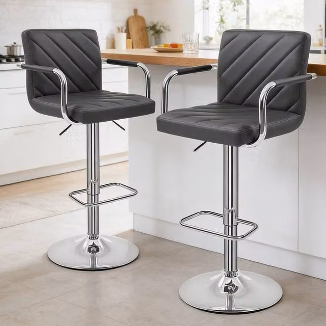 Ventryn Pair of Grey PU Leather Height Adjustable Swivel Bar Stools with Armrests