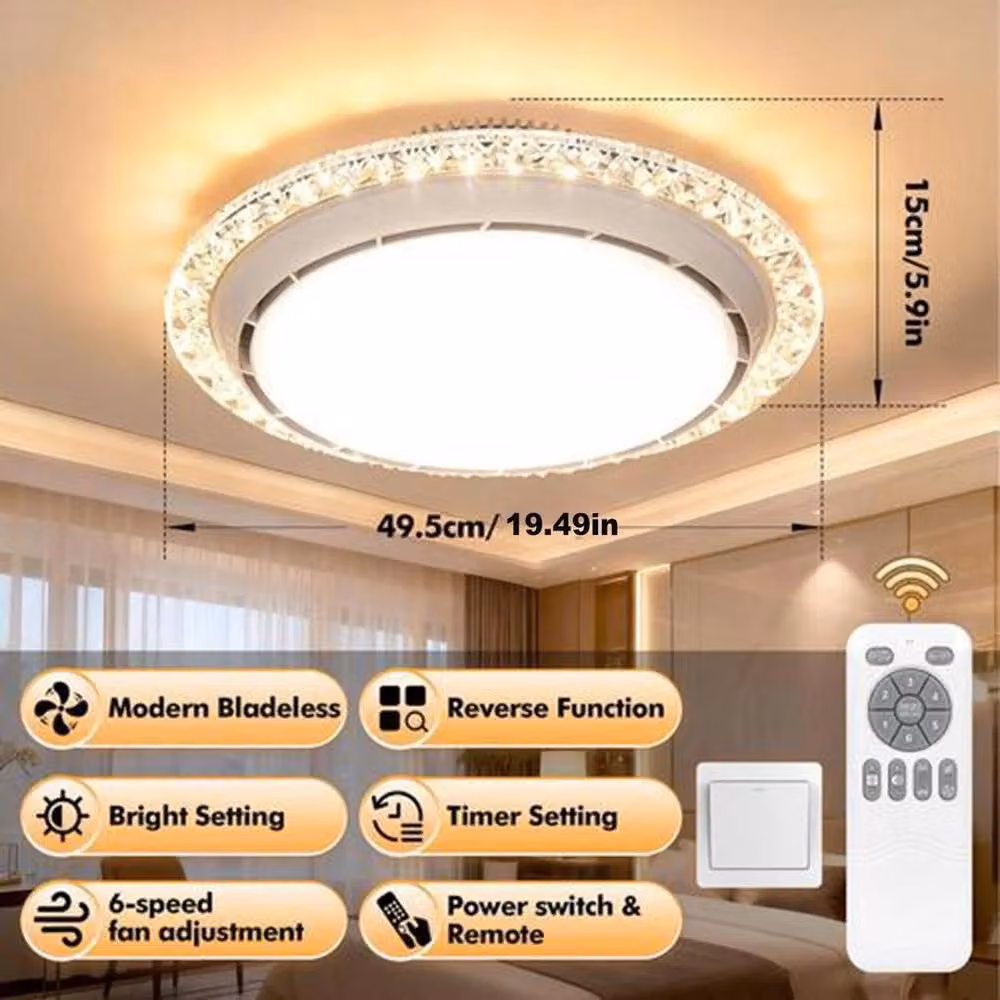 Kelvenix Dimmable LED Crystal Ceiling Fan Light with Remote Control in White – 2