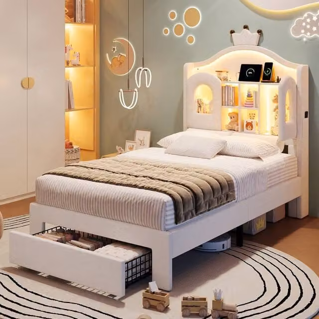 Merax 3ft Single Velvet Upholstered Bed Frame with LED Storage Headboard and USB Charging Port in Beige, W/D/H: 90 x 190 cm