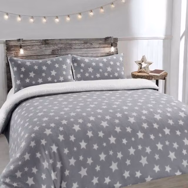 Velosso Teddy Stars Duvet Cover and Pillowcase Set in Silver Grey, W: 180 cm, H: 200 cm