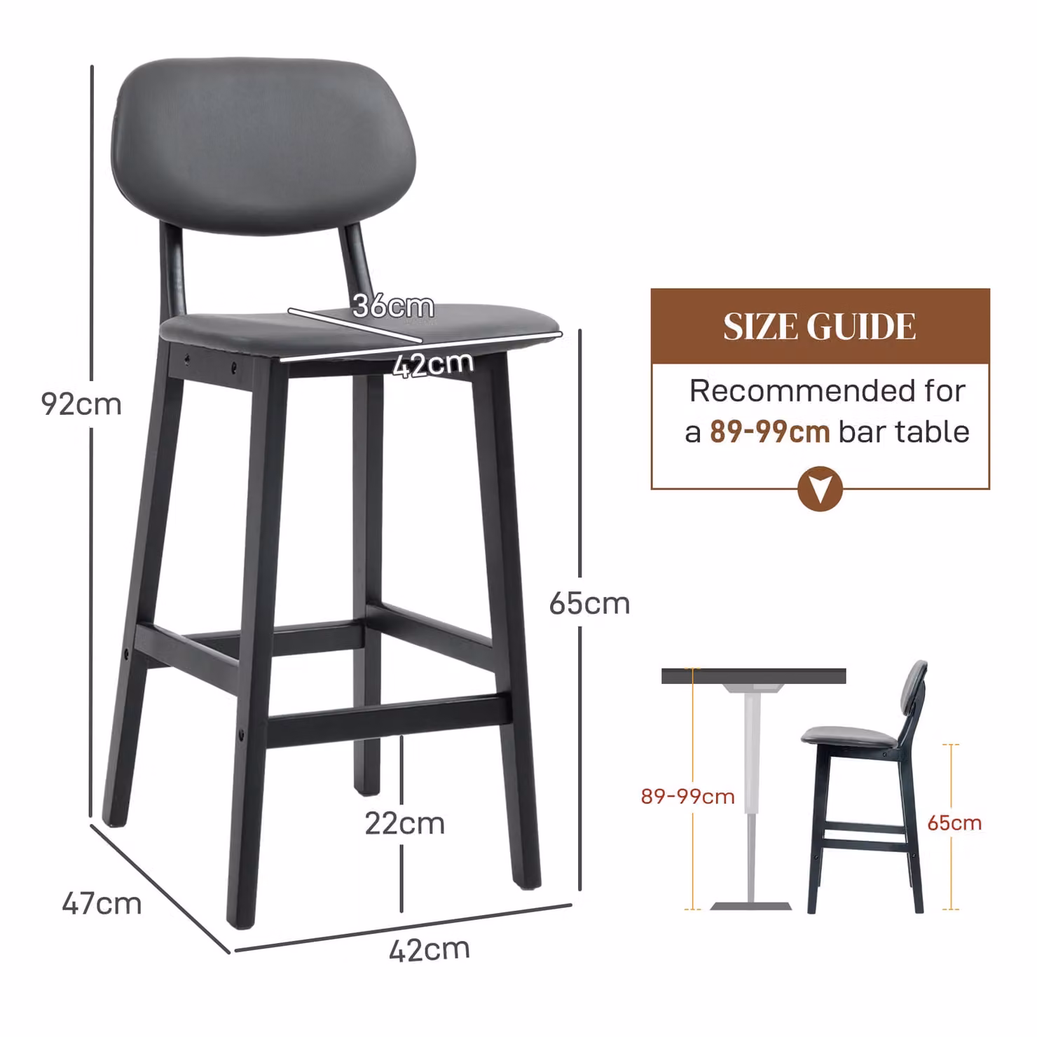 HOMCOM Set of 2 Modern Faux Leather Upholstered Breakfast Bar Stools with Backs and Wood Legs in Dark Grey – 3