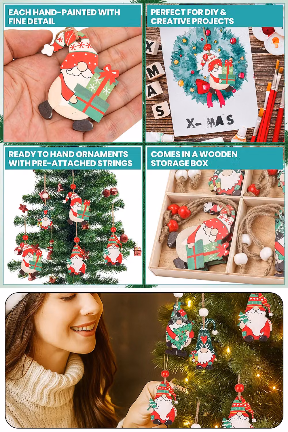 Neel Blue 12-Piece Set of Multicolour Wooden Scandinavian Christmas Gnome Hanging Pendants – 3