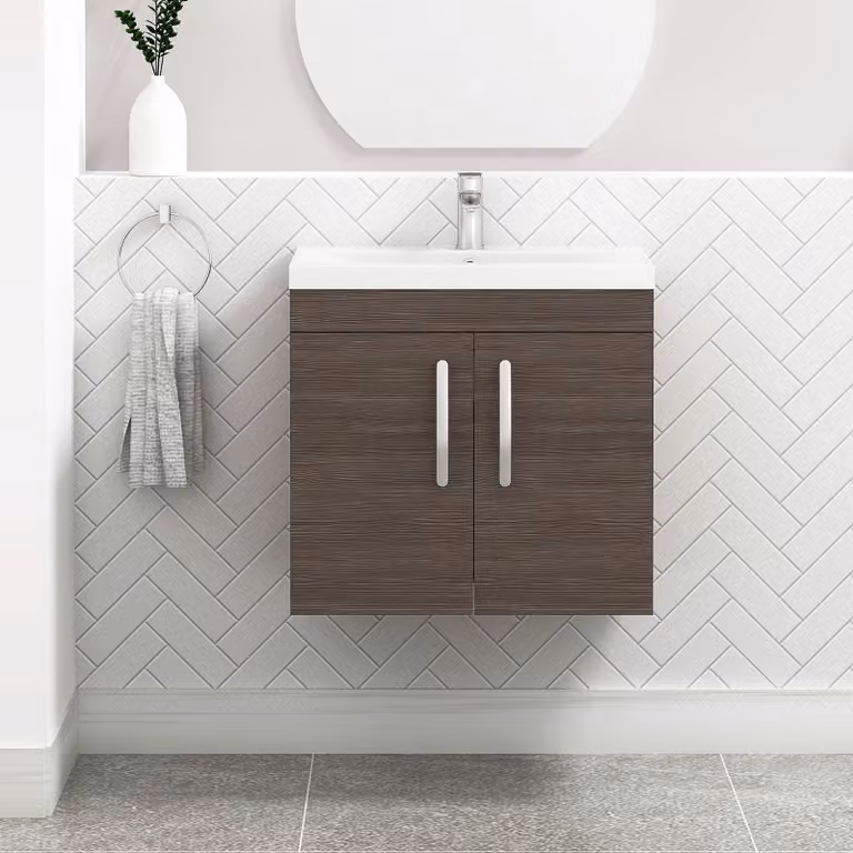Royal Bathrooms Turin Grey Elm 2 Door Wall Hung Bathroom Vanity Unit with Mid-Edge Basin