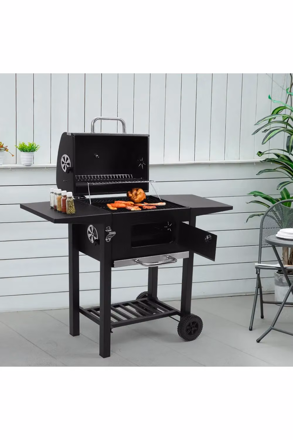 Living and Home Black Steel Charcoal Grill with Side Tables and Thermometer, W/D/H: 109.0 x 96.5 x 33.0 cm – 2