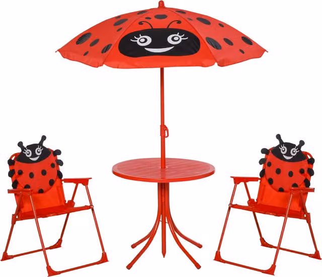 Outsunny Kids Folding Picnic Table and Chairs Set with Parasol, Ladybug Pattern, Red and Multicolour