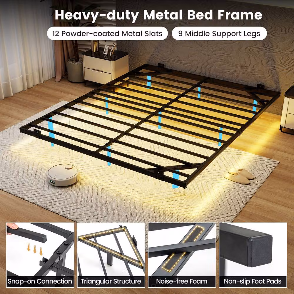 Costway King Size Modern Metal Floating Bed Frame with LED Under-Bed Lighting in Black, 180 x 200 cm – 4