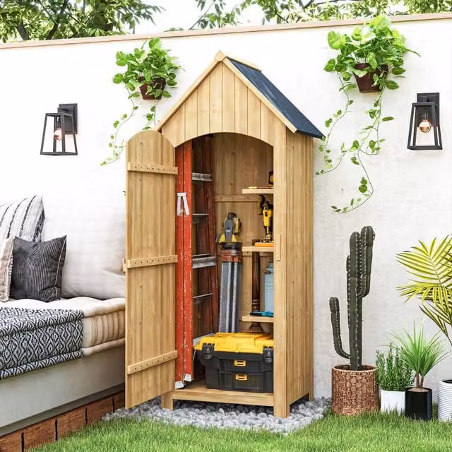 Outsunny Brown Wooden Garden Storage Shed with 3 Shelves and Single Door