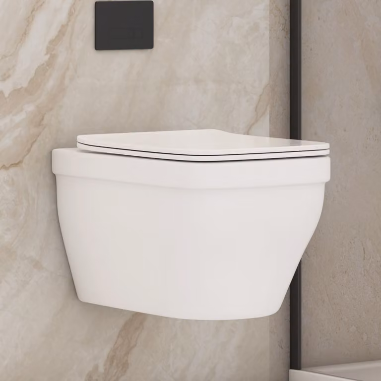 Royal Bathrooms Evora Short Projection Wall Hung Rimless Ceramic Toilet Pan with Slim Soft Close Seat, White