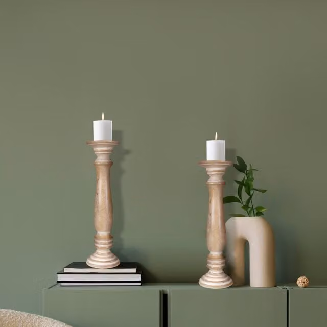 Topfurnishing Set of 2 Rustic Antique Carved Wooden Pillar Church Candle Holders in Brown, Yellow and Beige, W/D/H: 13 x 13 x 31 cm