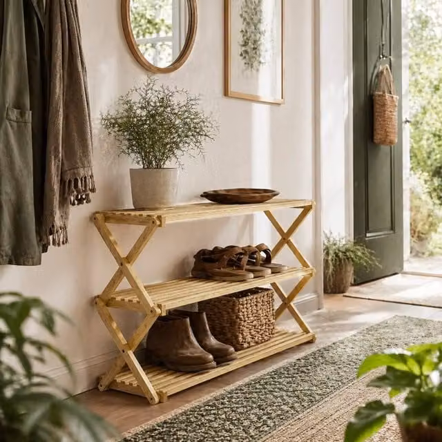Wyld Haus Palu 3 Tier Folding Bamboo Shoe Rack in Natural Sand